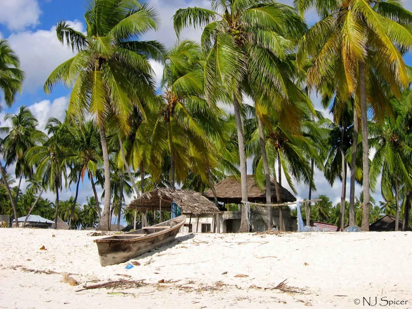 White sand, palms and a traditional wooden boat on a Zanzibar beach